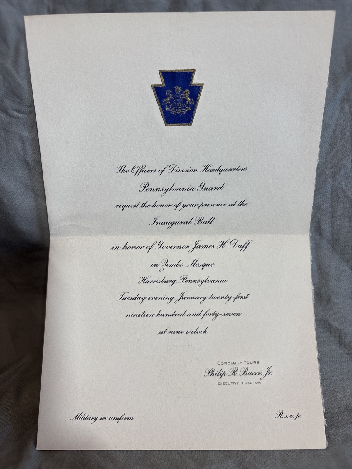 James H. Duff Pennsylvania Governor Inaugural Ball Invitation January 21, 1947