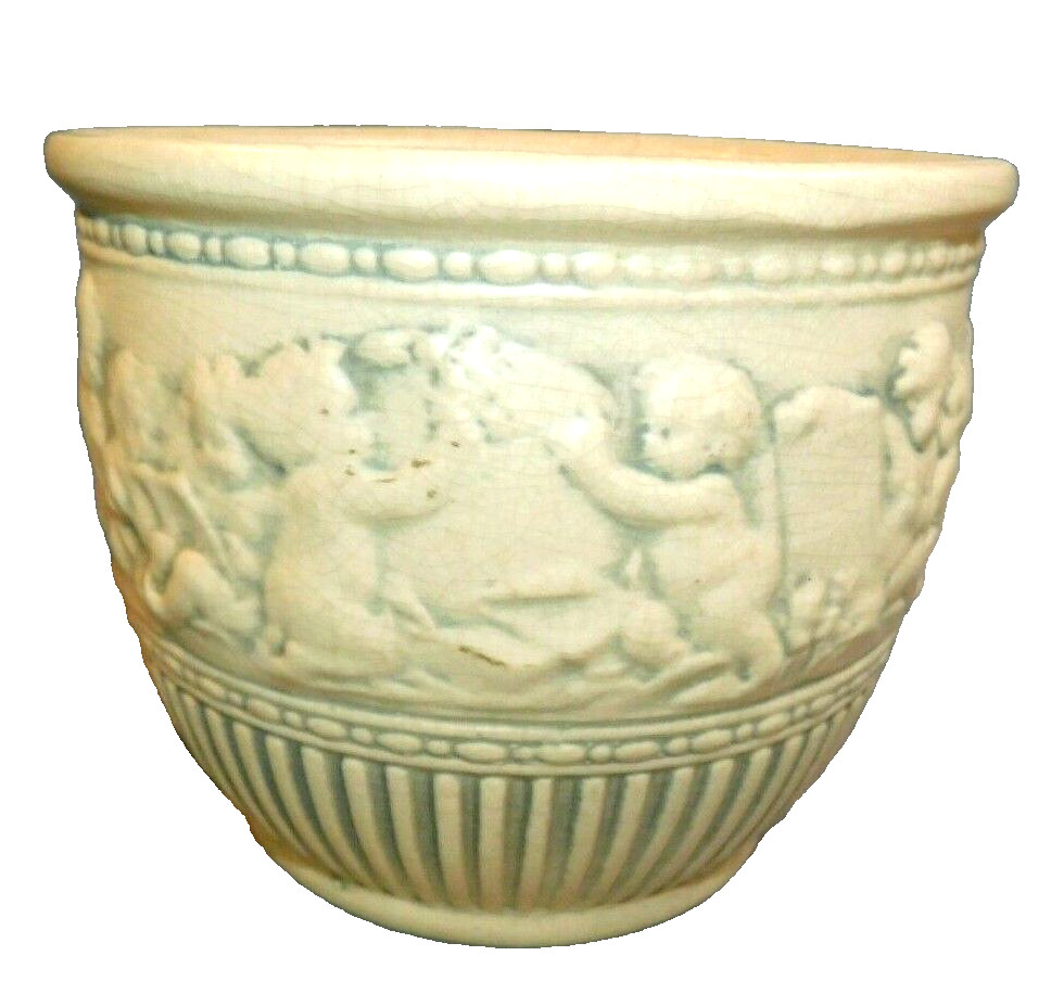 ANTIQUE WELLER ART POTTERY FAIRFIELD CHERUB IVORY/GREEN JARDINIERE 6 5/8