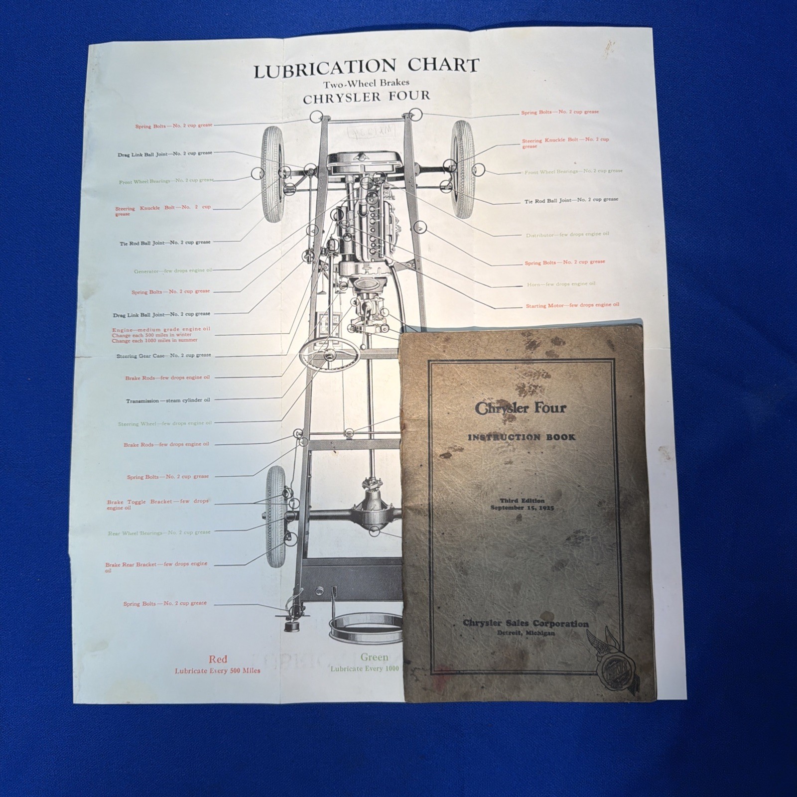 Antique 1925 Chrysler Four Instruction Book With Lubrication Chart
