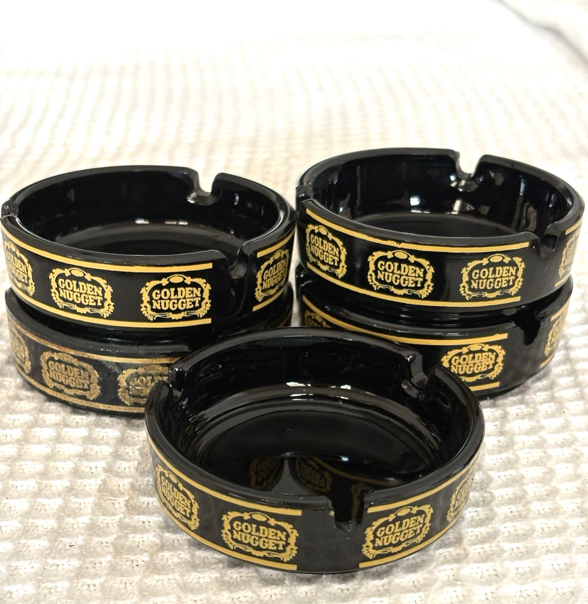 5 Vintage MCM Advertising Black  Glass Golden Nugget  Casino Las Vegas Ashtrays