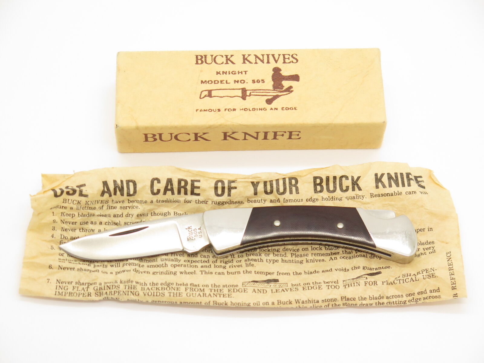Vintage Script 1970s Buck 505 Knight Micarta Folding Lockback Pocket Knife