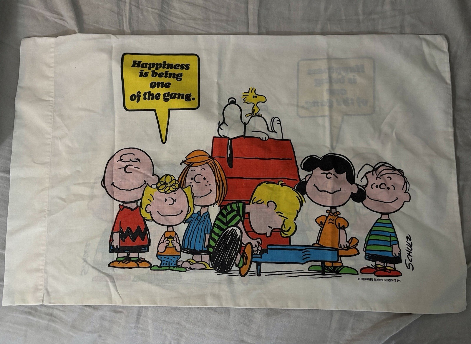 VTG 1971 Peanuts Snoopy Friends Happiness Pillowcase Standard USA Charlie Brown