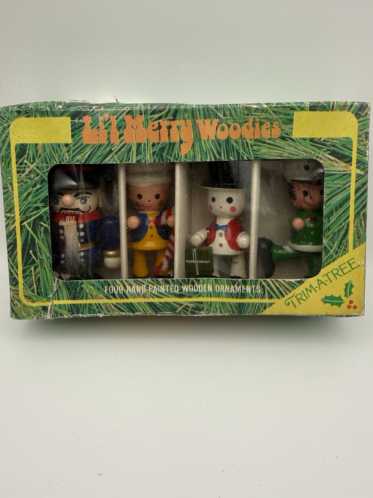 Vintage 1980 Li’l Merry Makers Wooden Hand Painted Holiday Ornaments Set of 4