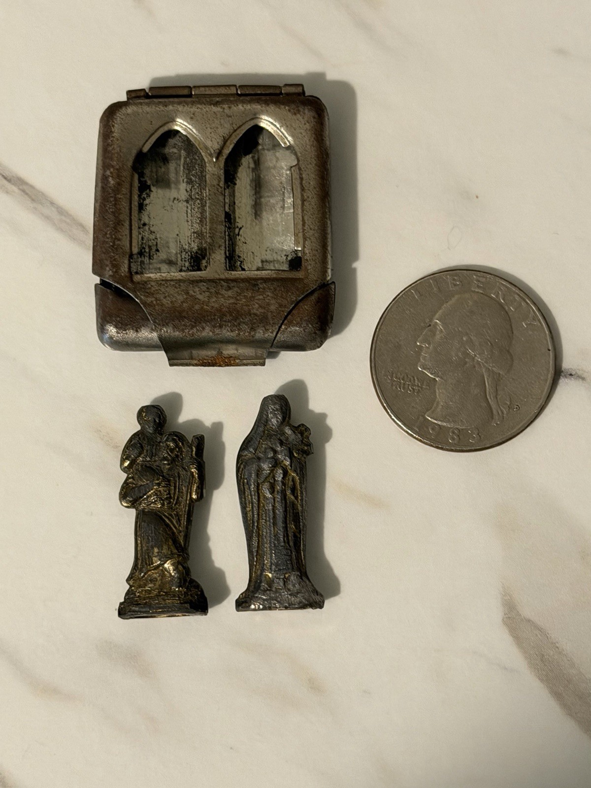 Antique 1940s Pocket Shrine Catholic German Dbl Window MARY JESUS JOSEPH WWII Antique 1940s Pocket Shrine Catholic German Dbl Window MARY JESUS JOSEPH WWII