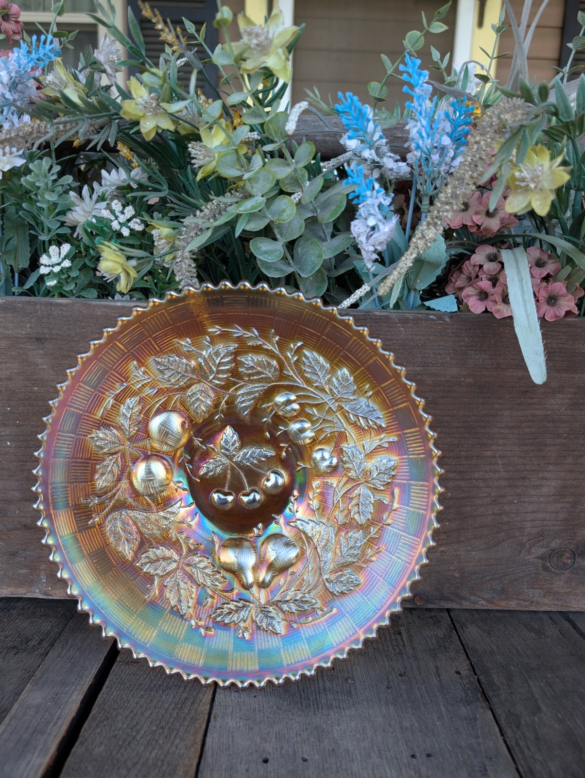 Vintage Northwood Marigold Three Fruits Carnival Glass 9\ Vintage Northwood Marigold Three Fruits Carnival Glass 9\