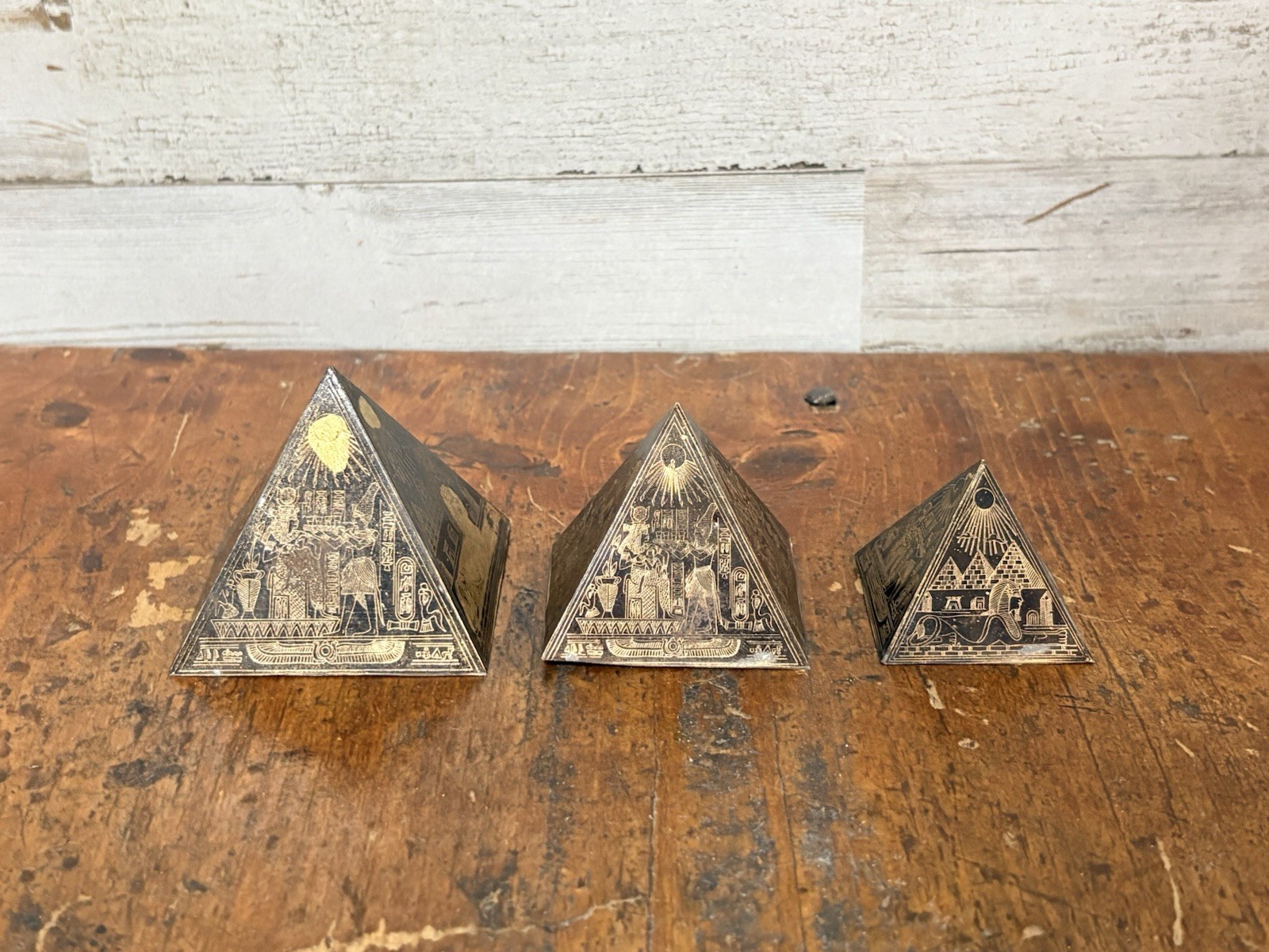 VTG Egyptian Revival Pyramid Figurines Set 3 Brass Hieroglyphics Statue Decor VTG Egyptian Revival Pyramid Figurines Set 3 Brass Hieroglyphics Statue Decor