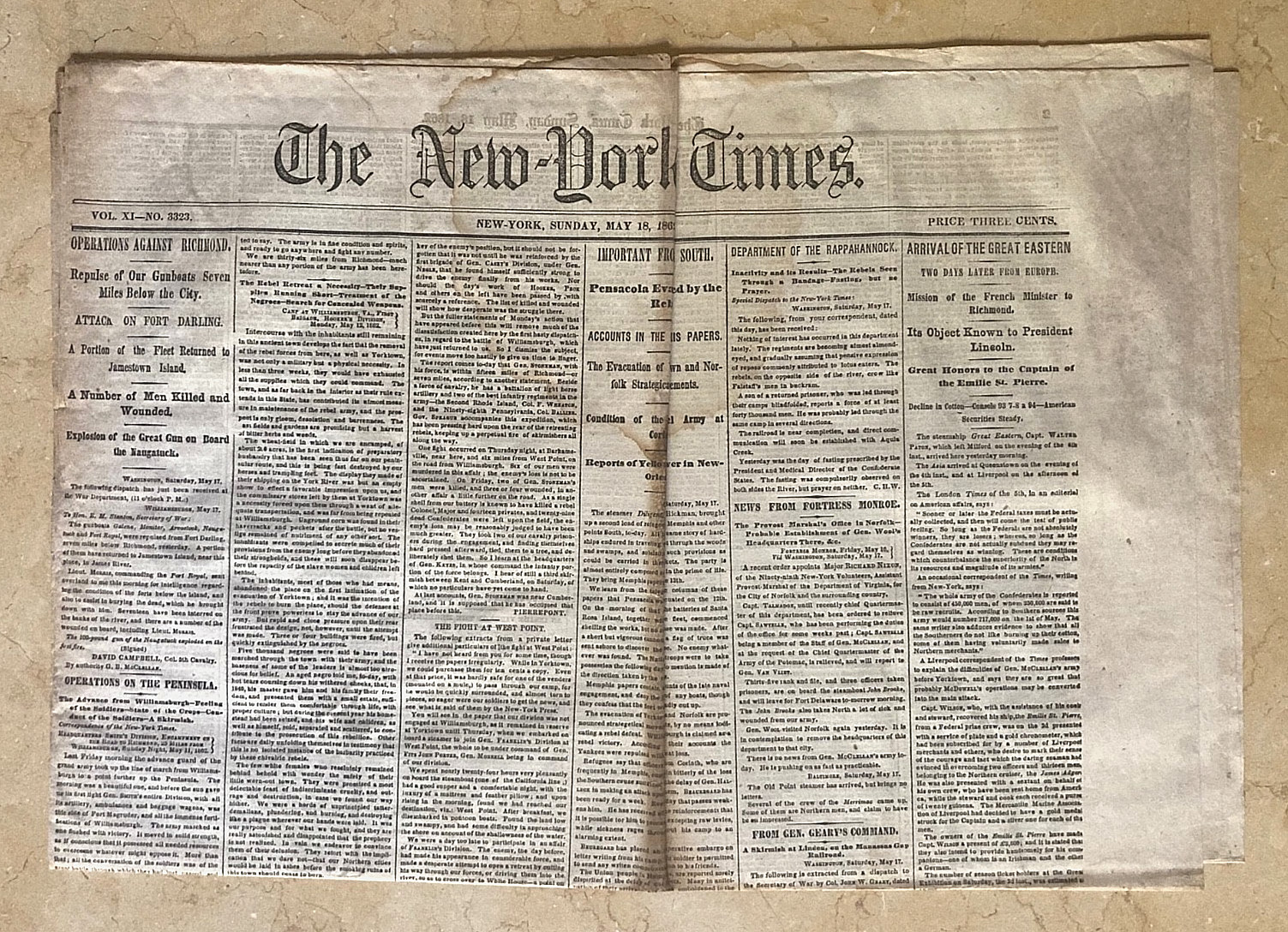 Original 1862 Civil War Newspaper New York Times May 18 USS Monitor Corinth 8pg