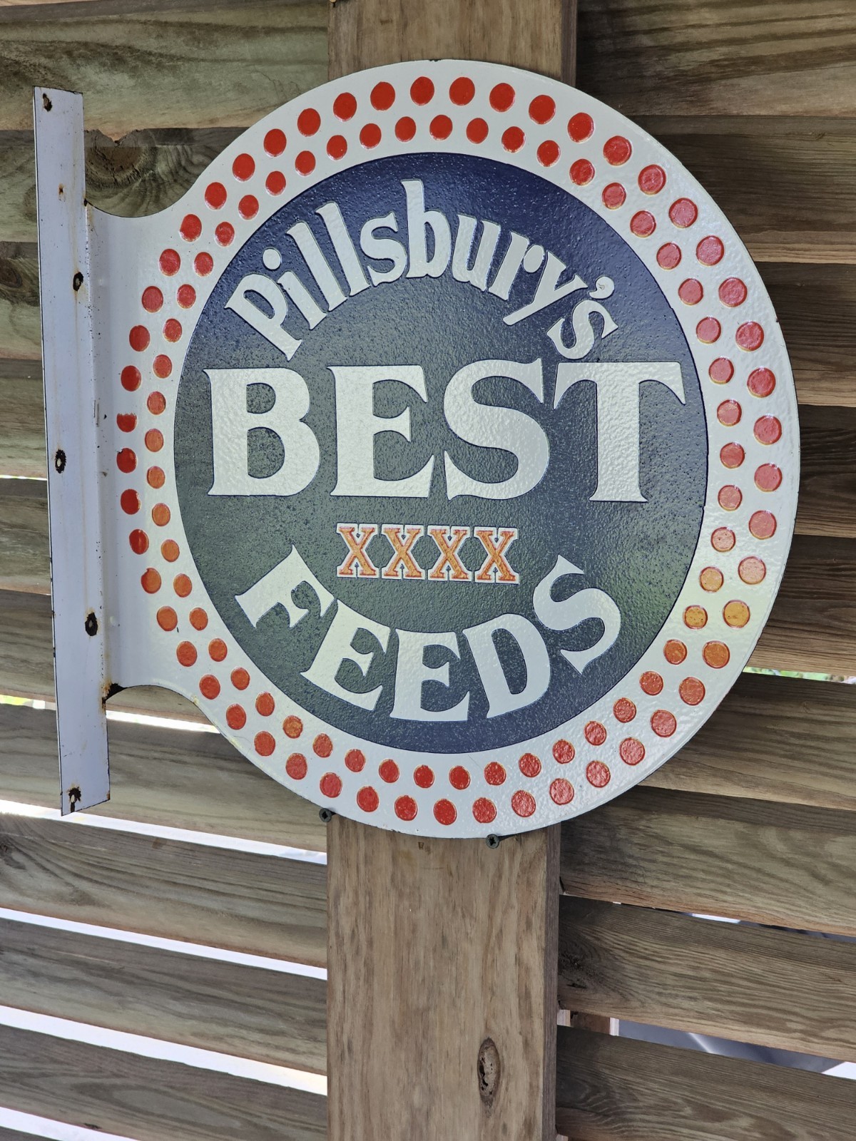 LARGE VINTAGE PILLSBURY\'S BEST FEEDS PORCELAIN FLANGE FARM SIGN  17\