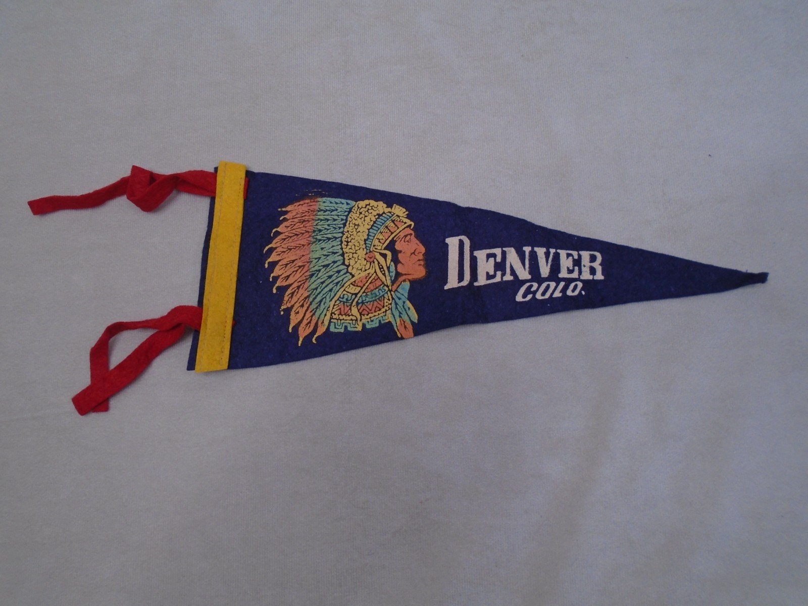 Vintage 1940s DENVER COLO. Colorado Chief with Feathers Pennant 11 x 4