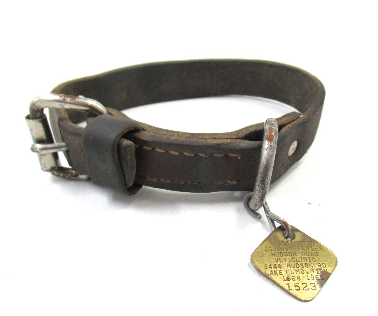 Vintage Leather Dog Collar with Brass Tag Hudson WI Vaccinated 1968
