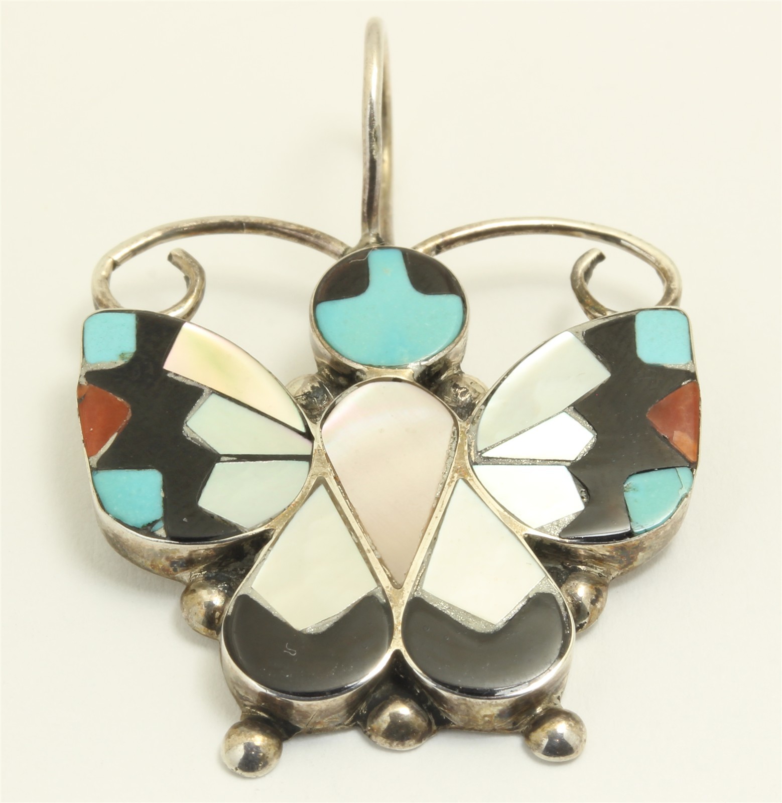 Vintage Zuni Allison Dishta Sterling Silver Mosaic Inlay Butterfly Pendant