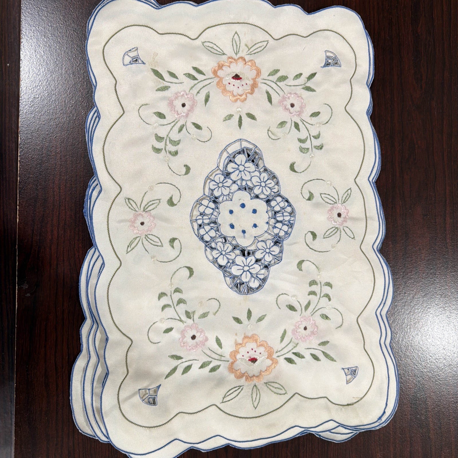 Set Of 7 Beautiful Blue & White Vintage Embroidered Placemats