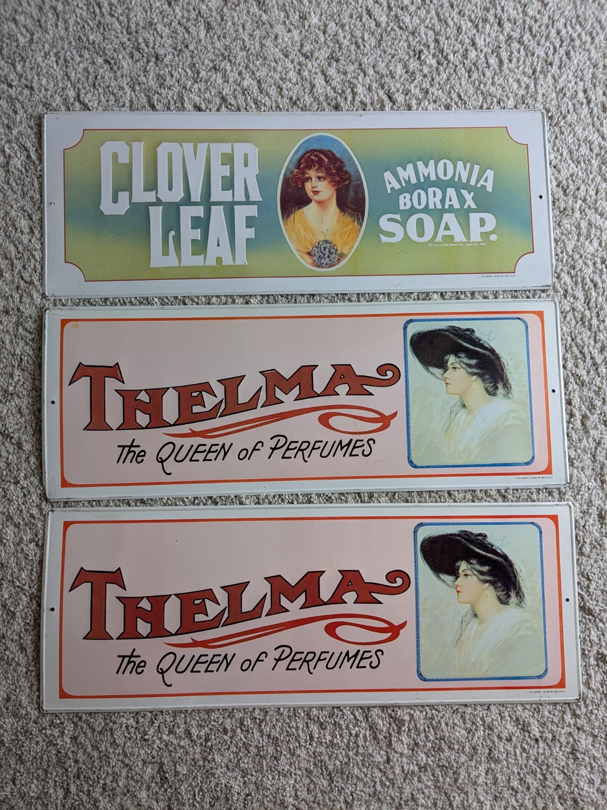 VTG 70s 2 Thelma the Queen of Perfumes & 1 Clover Leaf Embossed Tin Sign USA VTG 70s 2 Thelma the Queen of Perfumes & 1 Clover Leaf Embossed Tin Sign USA