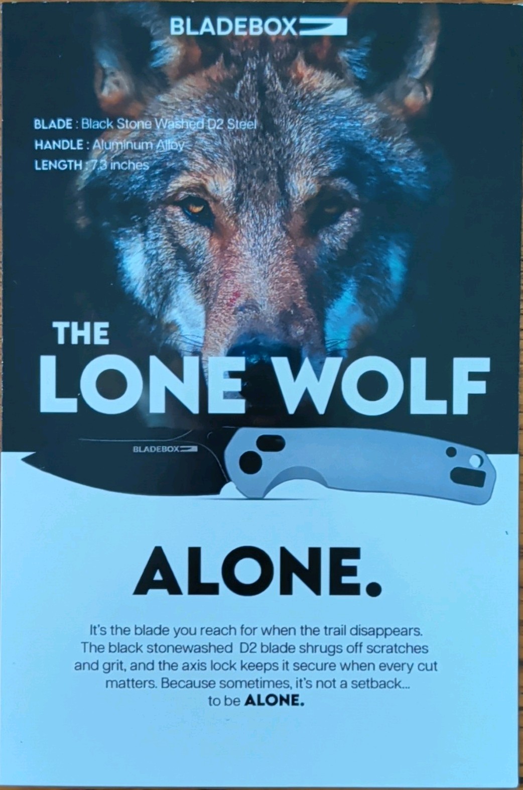 BLADEBOX Lone Wolf Pocketknife D2 Steel Drop Point Plain Edge Axis, Clip