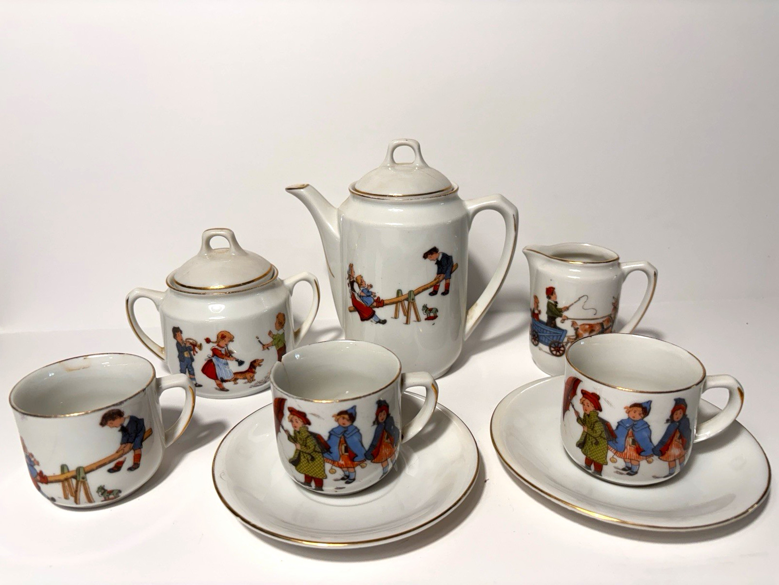 PSAG Schirnding Bavaria Antique Childs Toy Tea Set Dachshund Dog Incomplete 9pc
