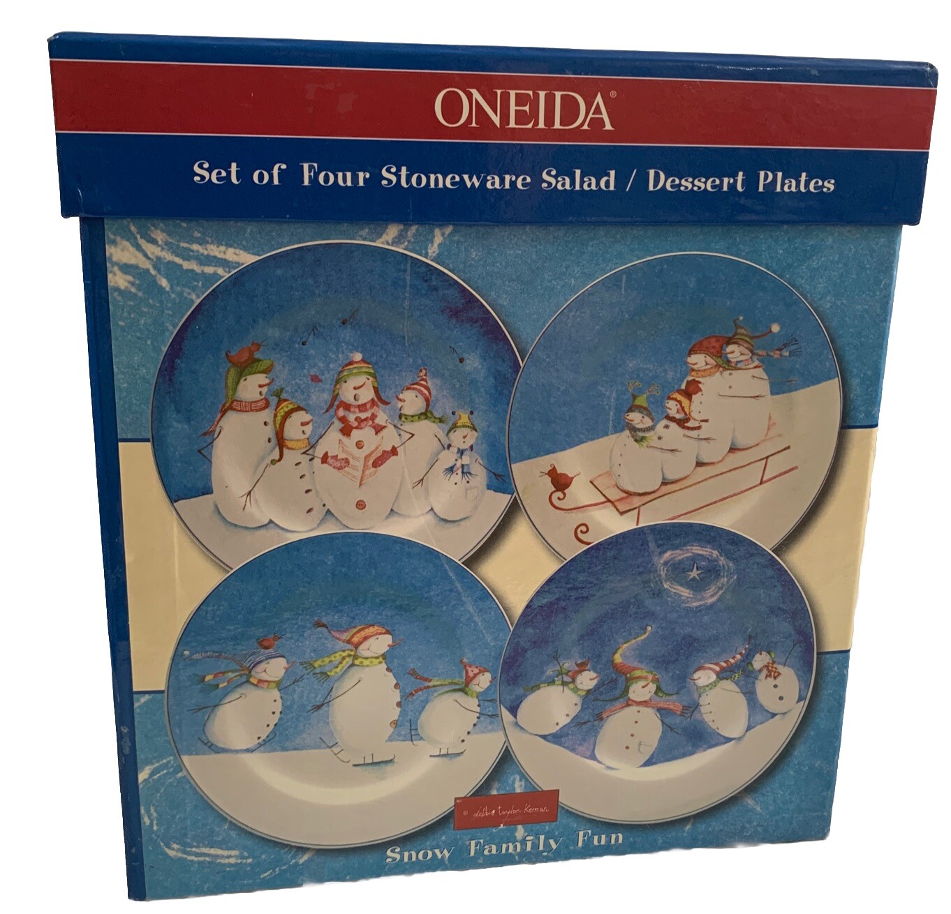4 Oneida Snow Family Fun Stoneware Salad Dessert Plate Frosty Holiday Sleigh