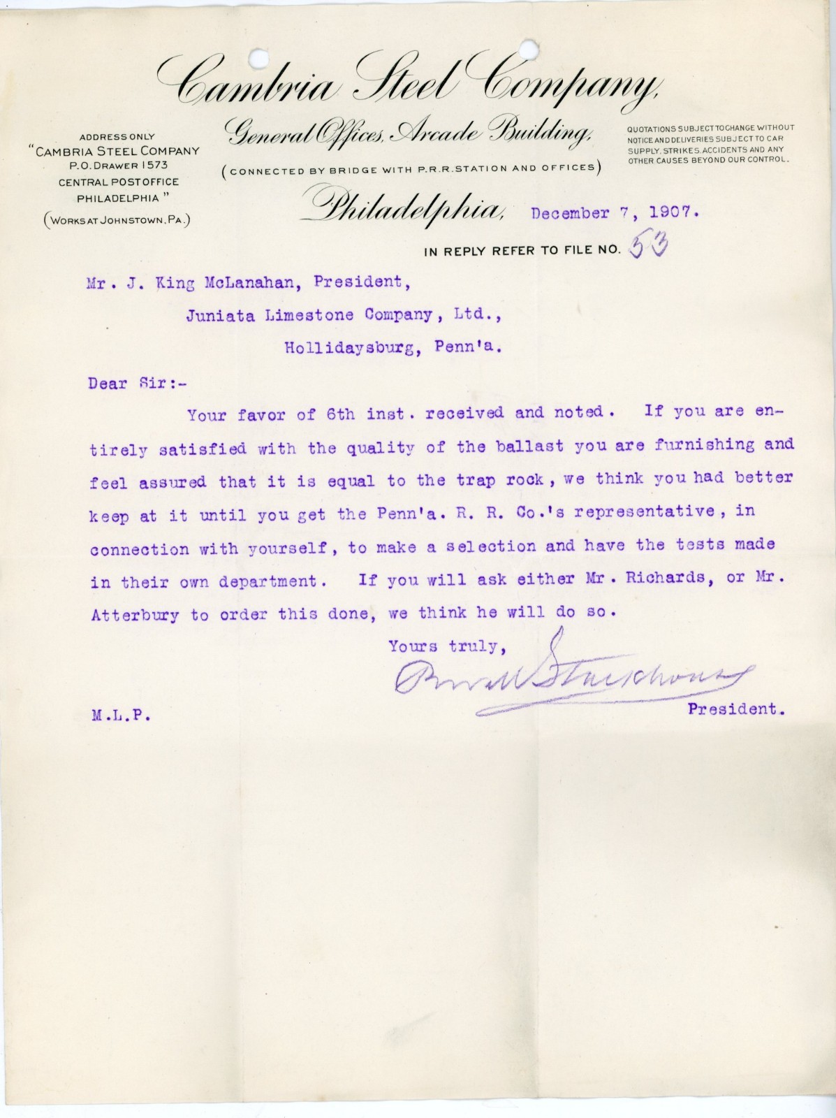 1907 Cambria Steel Co Letterhead Philadelphia PA Penn RR Railroad Ballast Rock