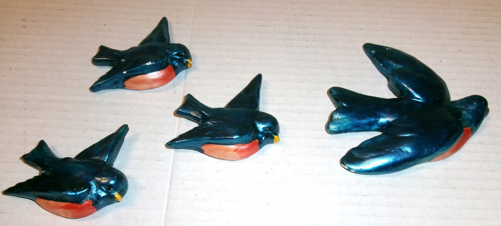 Vintage MCM Chalkware Flying Blue Birds Set 4 Wall Art 1950\'s Robin S142