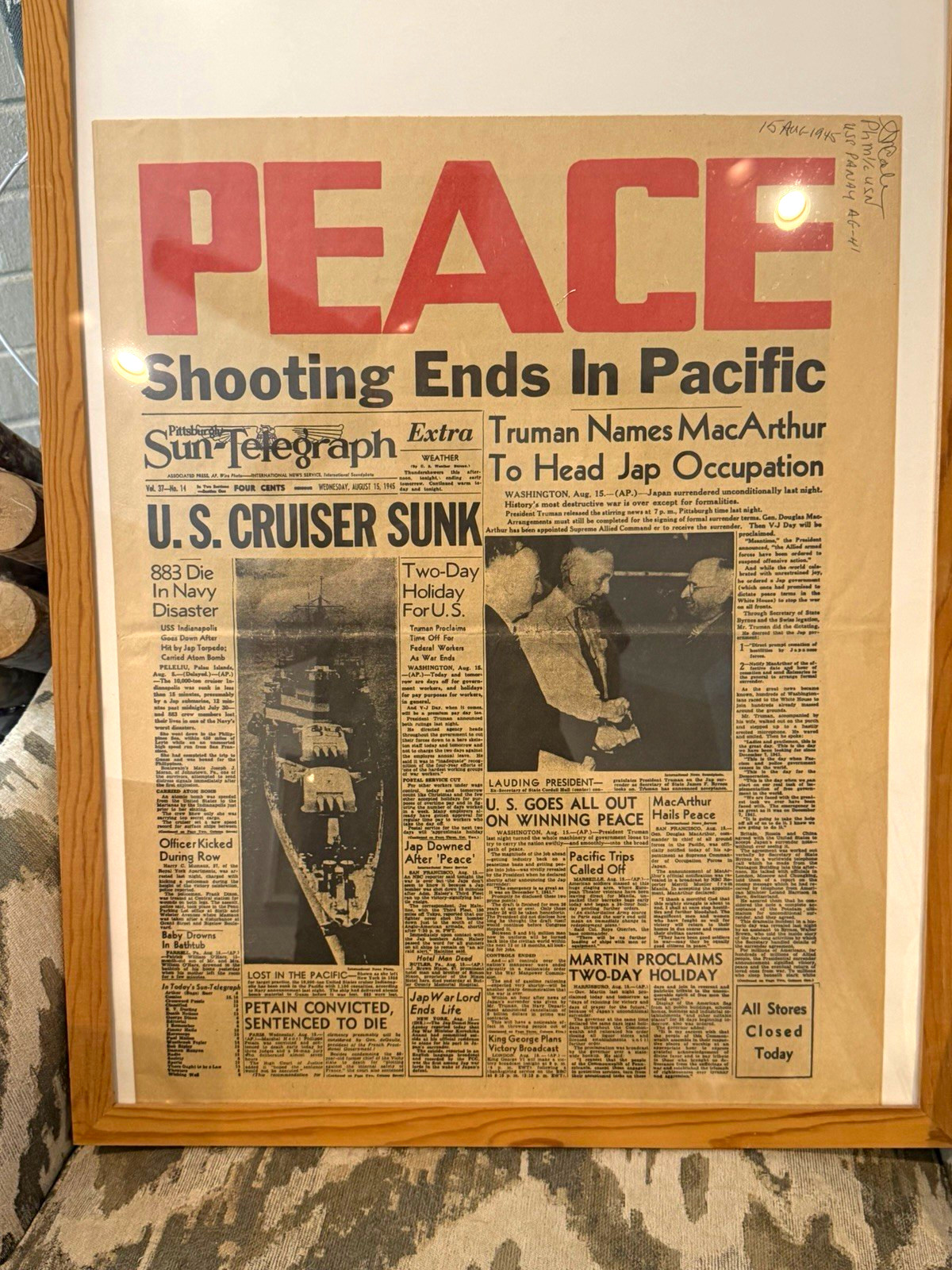 Honolulu Star-Bulletin Framed Front Pages WAR & PEACE Pearl Harbor WWII