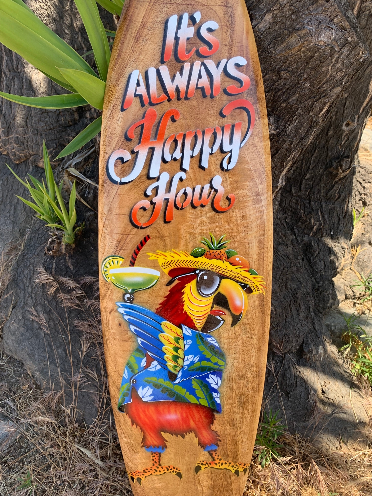 It\'s Always Happy Hour Drinking Parrot Airbrushed Surfboard Wall Plaque Tiki