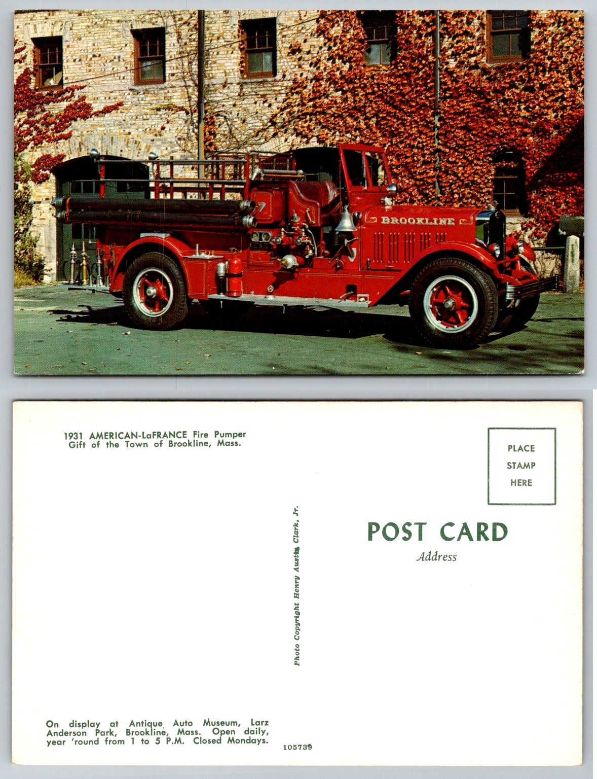 1931 American-LaFrance Fire Pumper Brookline, MA Antique Auto Museum Postcard