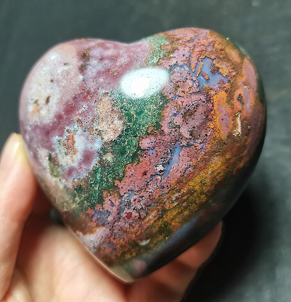 Rare 225G Natural Polished Orbicular Ocean Jasper Heart Reiki Healing  R82