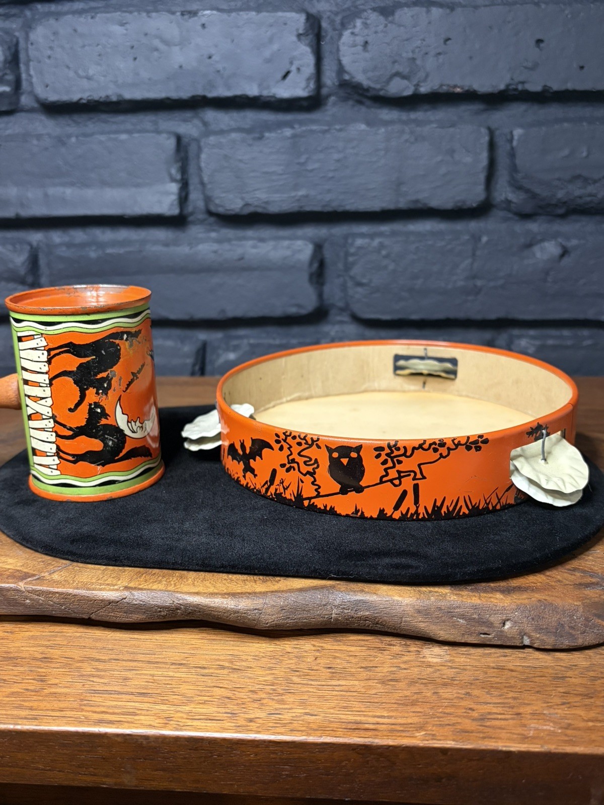 Vintage T. Cohn Halloween Tin Litho Tambourine & Noisemaker Black Cat Bats Owl