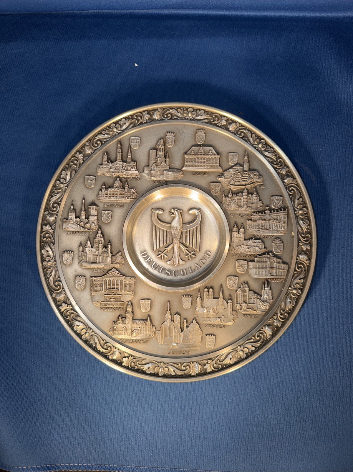 DEUTSCHLAND Vintage Germany Zinn/Pewter Decorative Plate German Cities EAGLE 9”