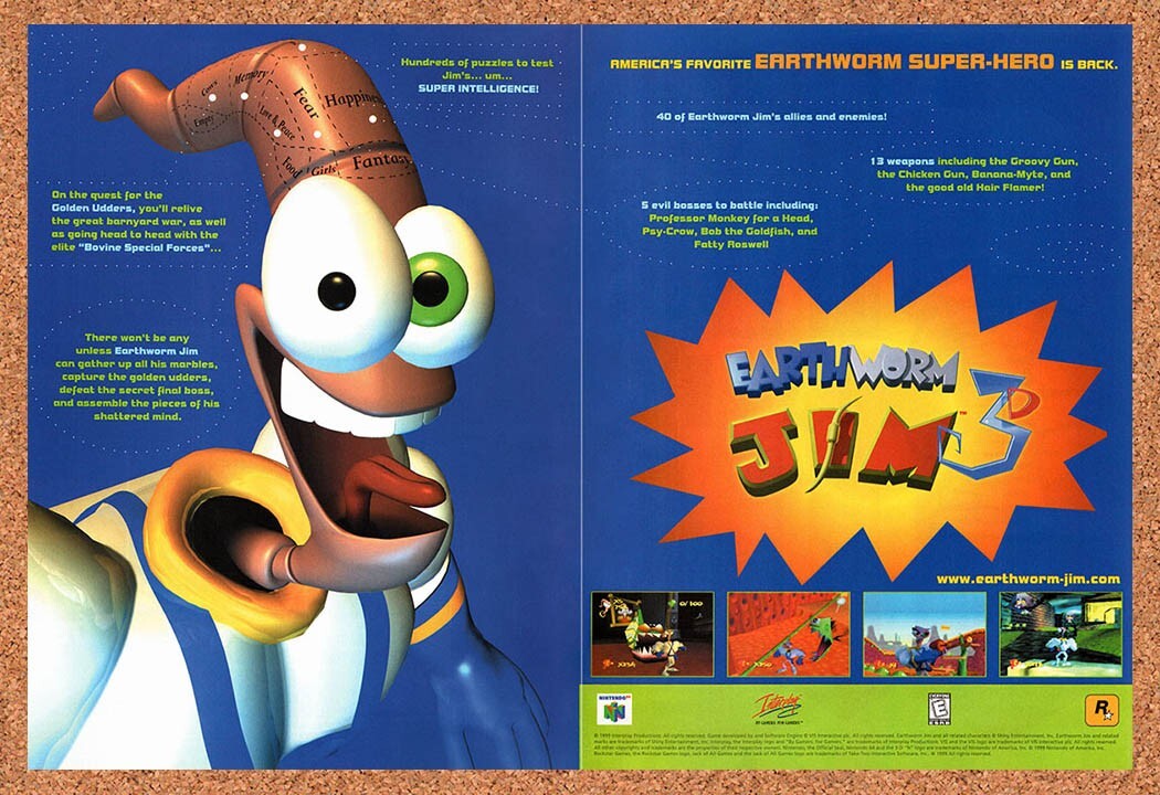 1998 Earthworm Jim 3D N64 Original Advertisement / Retro Wall Art v2