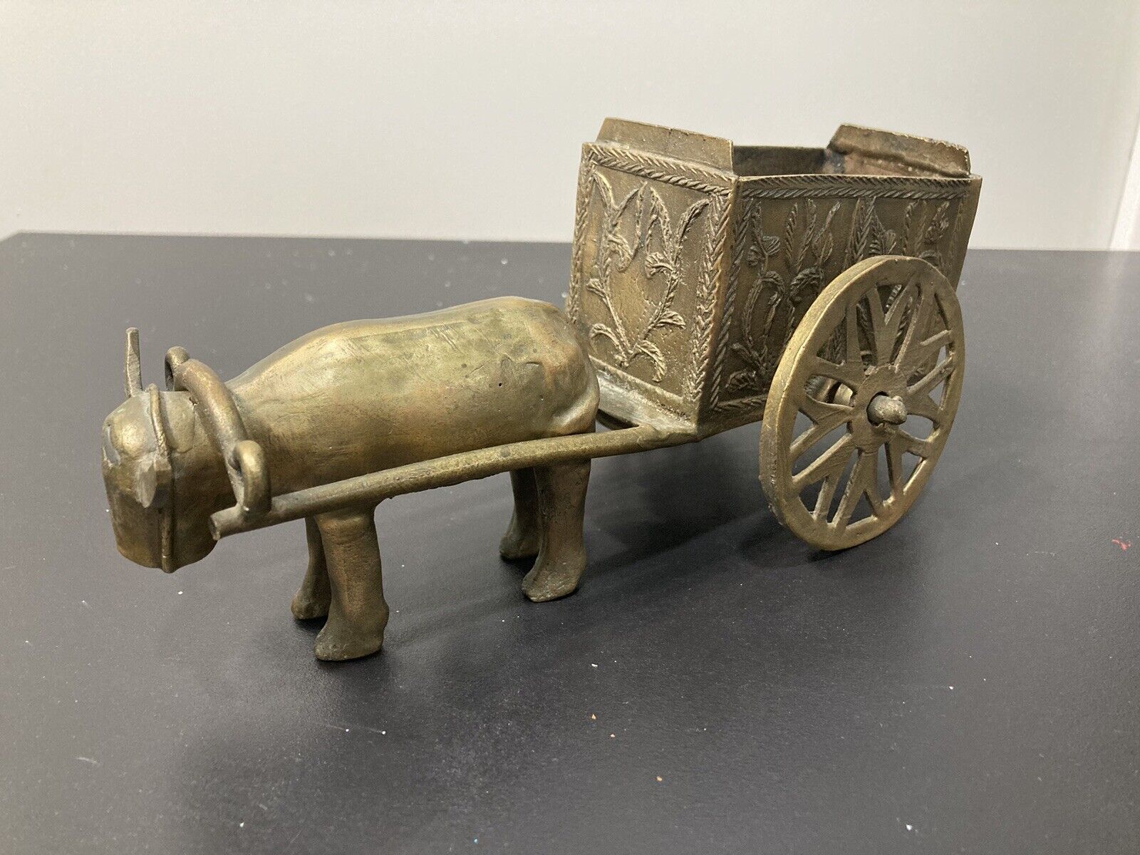 Vintage Brass Cow Bull and Carriage Cart Figurine Statue House Decoration Patina