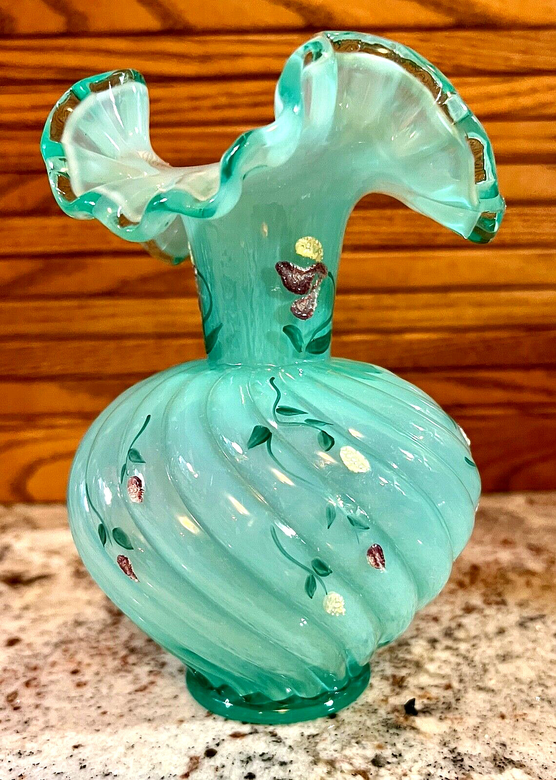 Fenton QVC...1994**STIEGEL GREEN OPALESCENT OVERLAY SPIRAL SWIRL VASE***#C13800