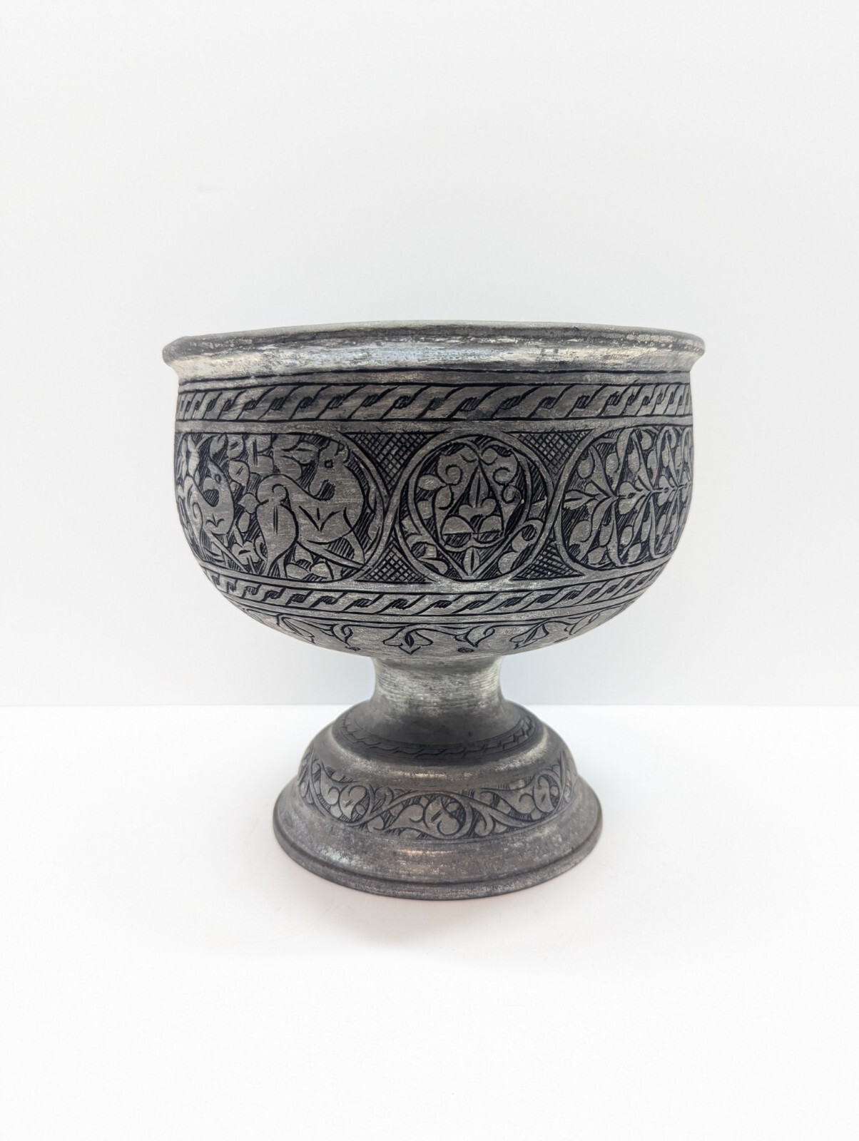 Persian Islamic Tinned Copper Footed Bowl Engraved 8