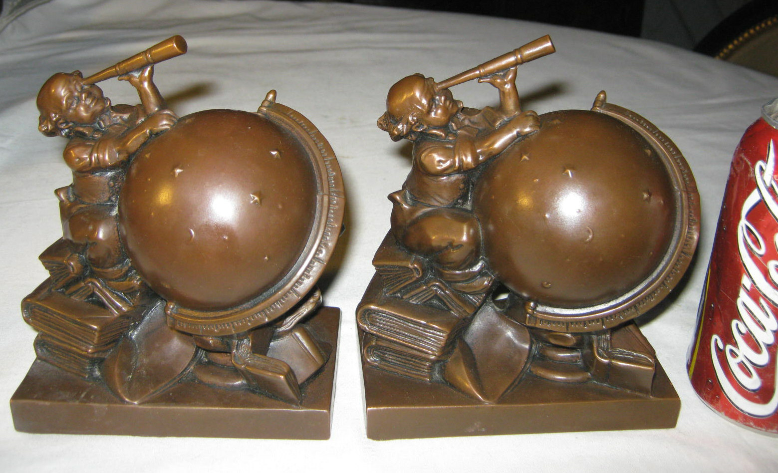 ANTIQUE J.B. EARTH TELESCOPE SPACE ASTROLOGY SCIENCE STATUE SCULPTURE BOOKENDS ANTIQUE J.B. EARTH TELESCOPE SPACE ASTROLOGY SCIENCE STATUE SCULPTURE BOOKENDS