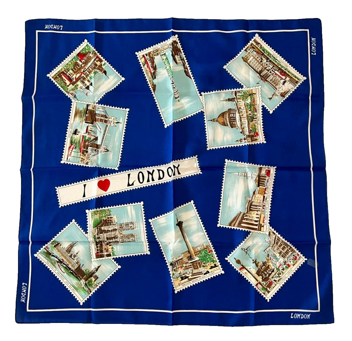 Vintage  1960's London England  Souvenir  Dark Navy Blue  Square Scarf