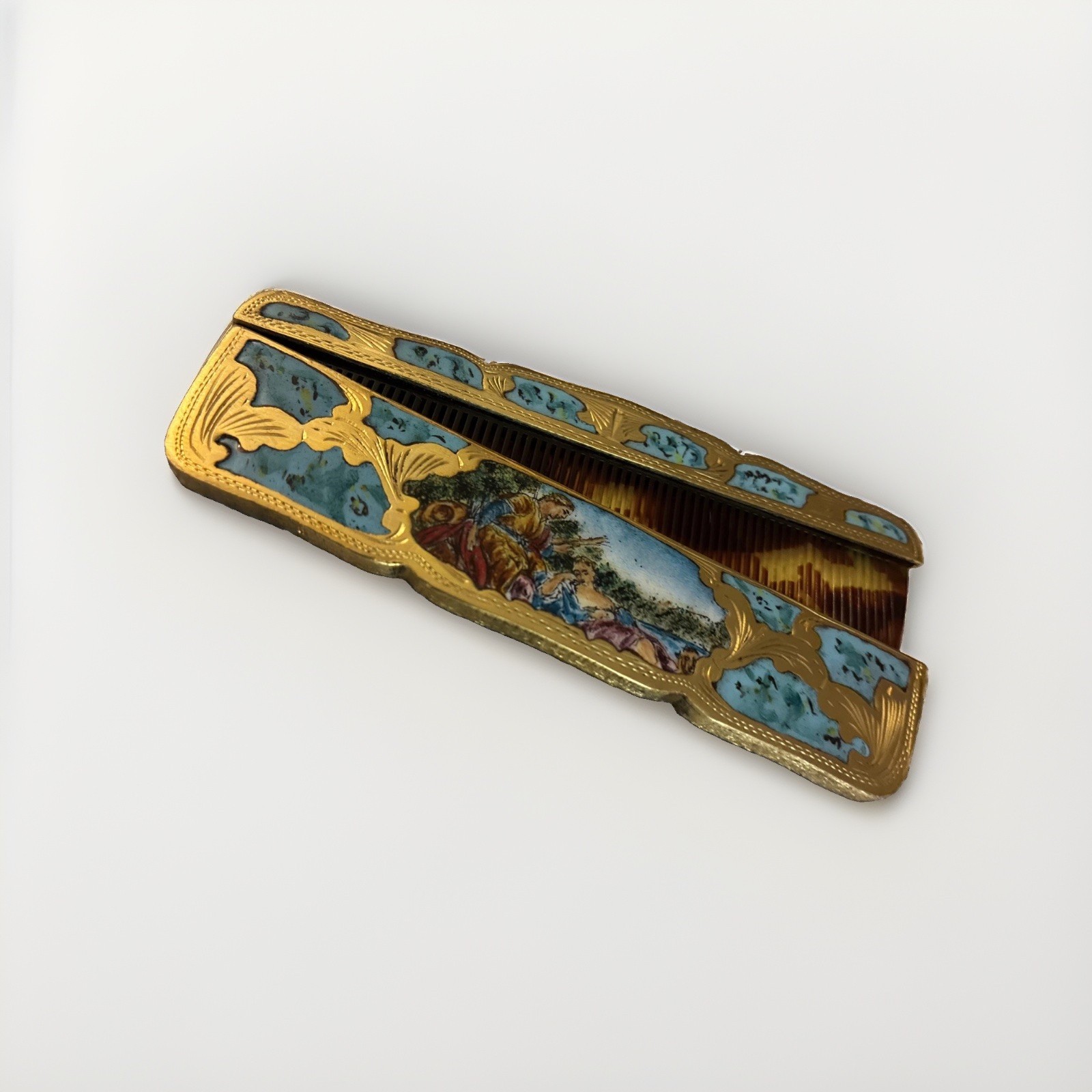 Vintage Italian 800 Silver Gilt Guilloche Enamel Purse Comb Case Fragonard Scene