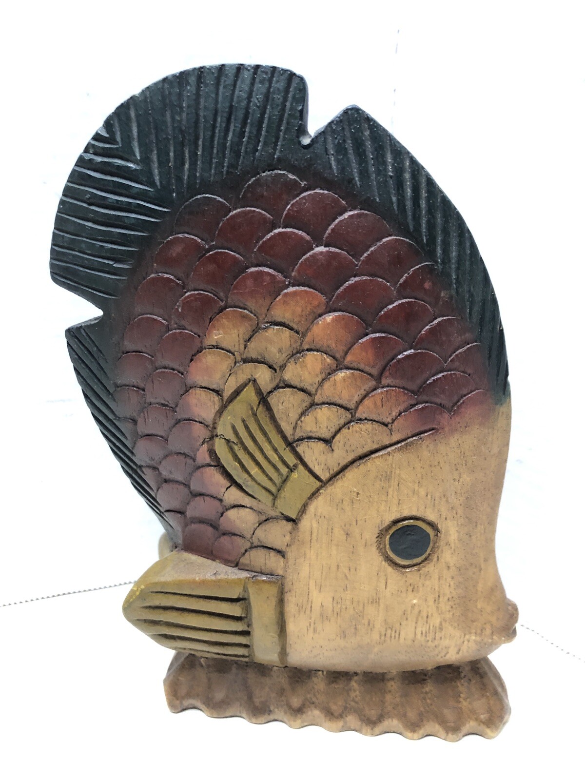 Vintage Hand Carved Tropical Fish Wood Statue Figurine Colorful Stained 8” Art