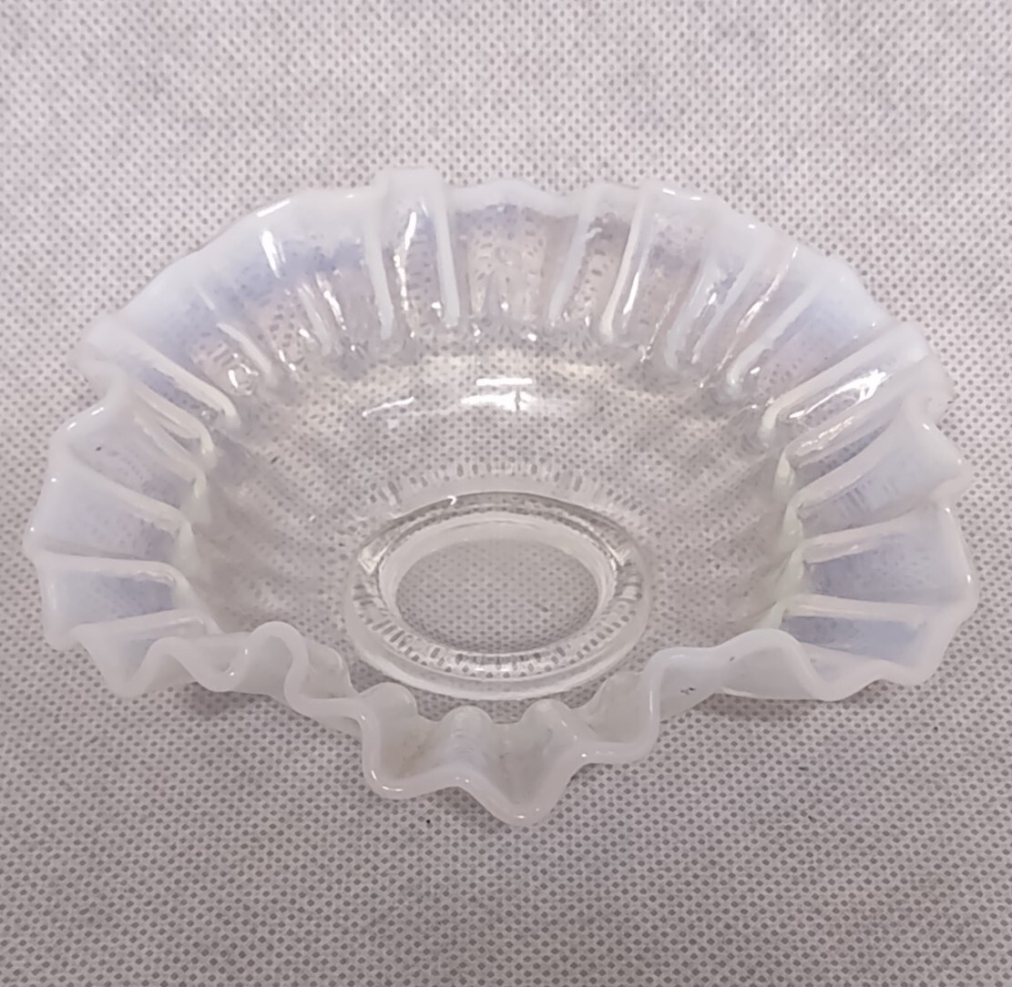 Fenton White Opalescent Glass Trinket Dish Bowl Crimped Ribbon Edge 5.25\