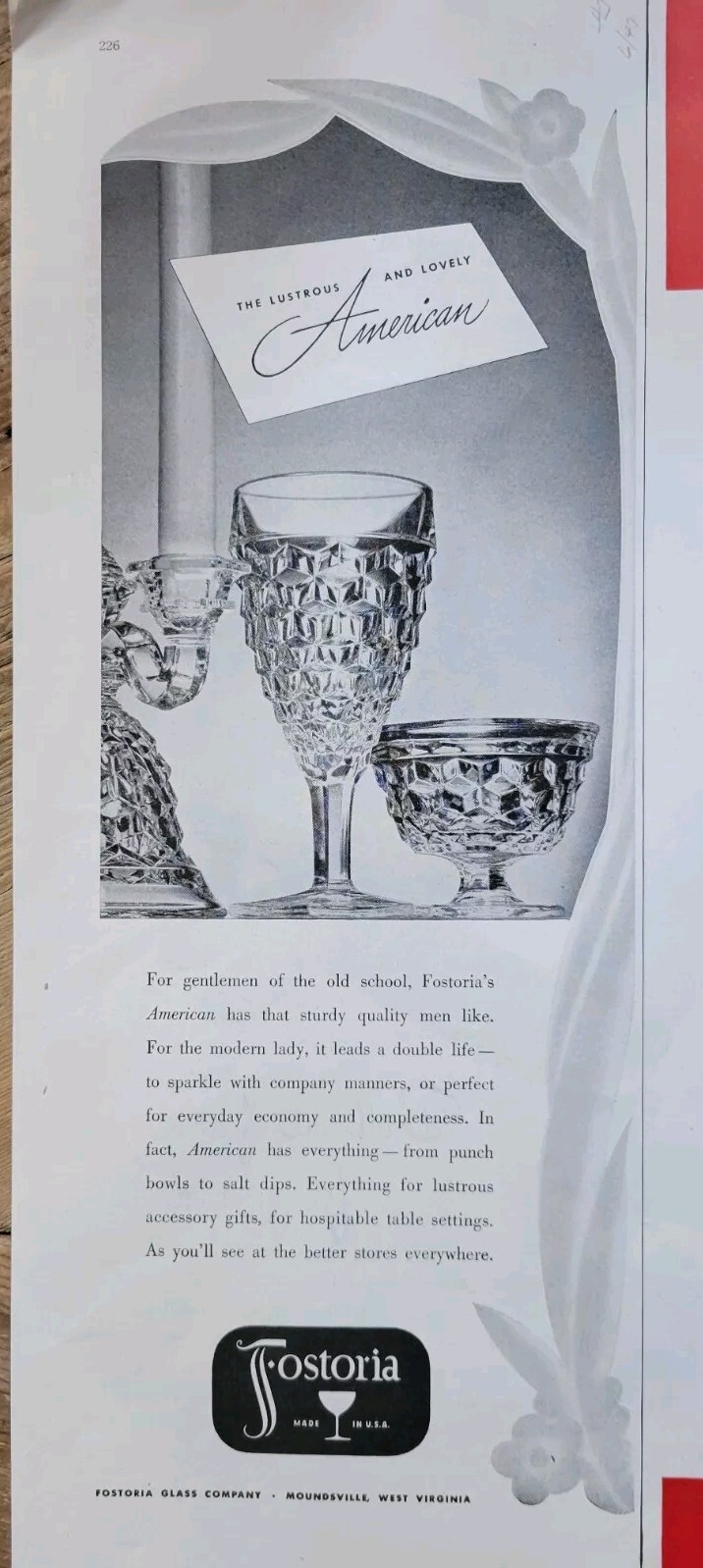 1947 Fostoria American pattern glassware candlestick glasses vintage ad