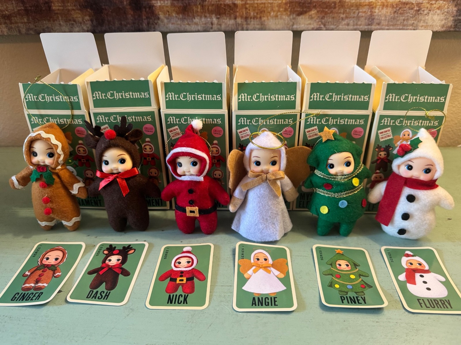SET 6 Mr Christmas Mystery Mini Elf Ornament Ginger Dash Angie Piney Flurry Nick