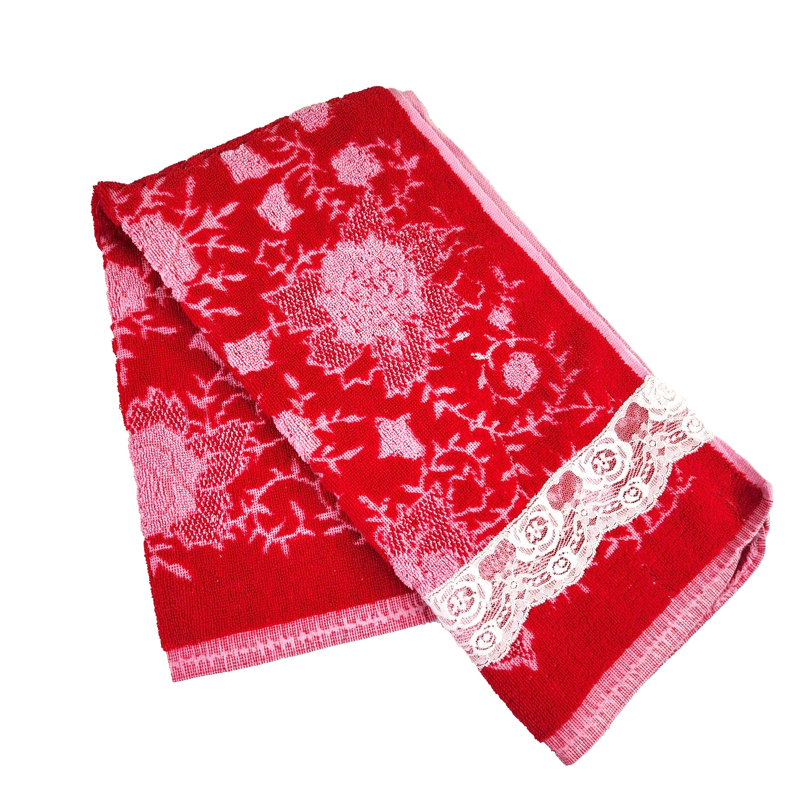 Vintage 60s 70s Mid Century Red Pink Sculpted Floral Pattern Hand Towel Lace