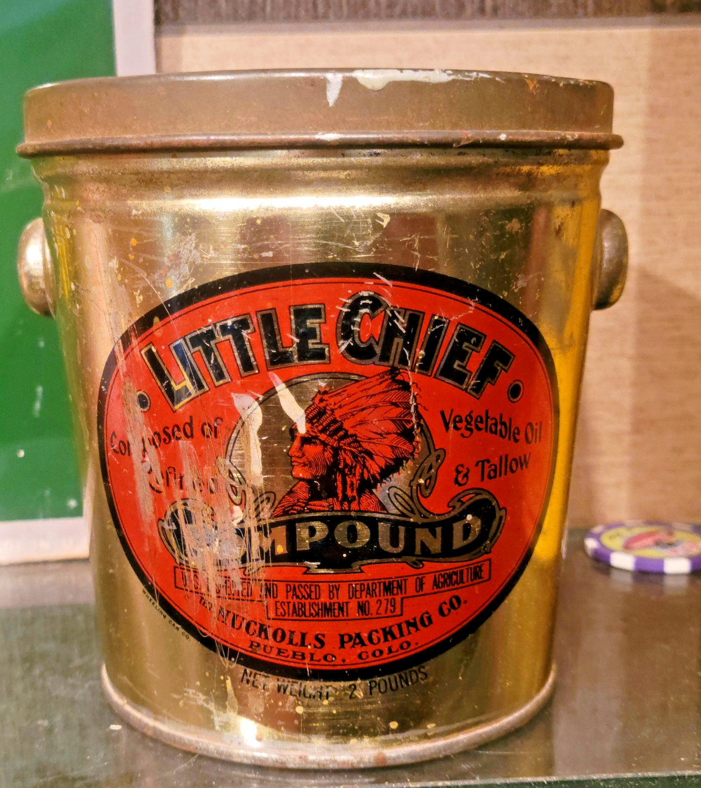 1930S VINTAGE LITTLE CHIEF LARD 2 POUND TIN CAN INDIAN PUEBLO COLORADO NATIVE AM