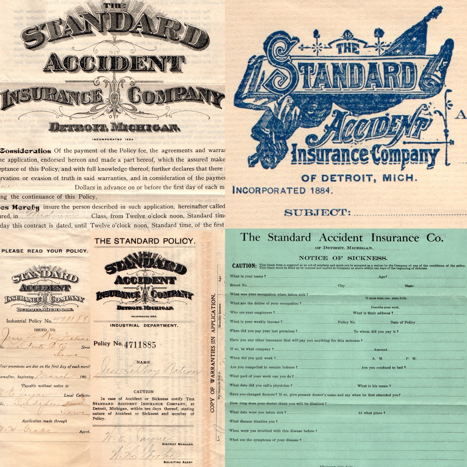 1909 La Porte City, IA Standard Accident Insurance Policy Jess Nation Detroit 1909 La Porte City, IA Standard Accident Insurance Policy Jess Nation Detroit