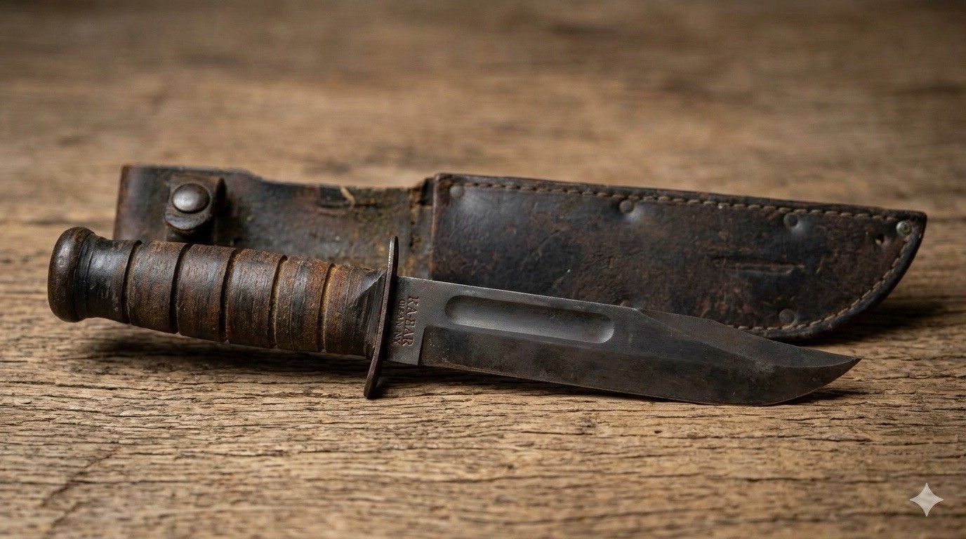 Vintage WWII KA-BAR USMC Fighting Knife Olean NY Tang Stamp Leather Sheath