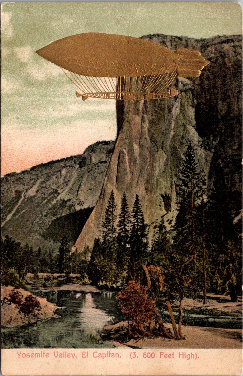 Yosemite Valley El Capitan Gold Airship Vintage Postcard 4P23-27