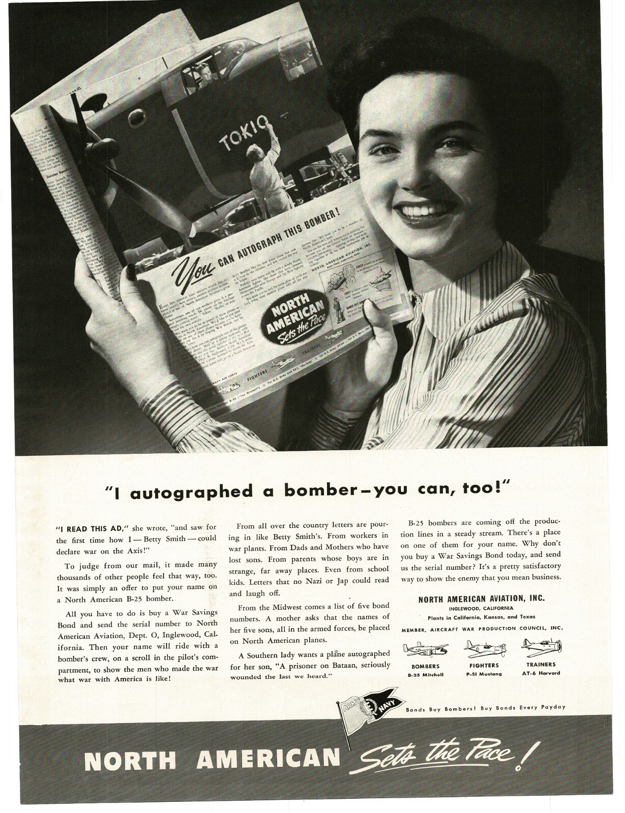 1943 North American autograph a B-25 Mitchell Bomber Betty Smith WWII Print Ad