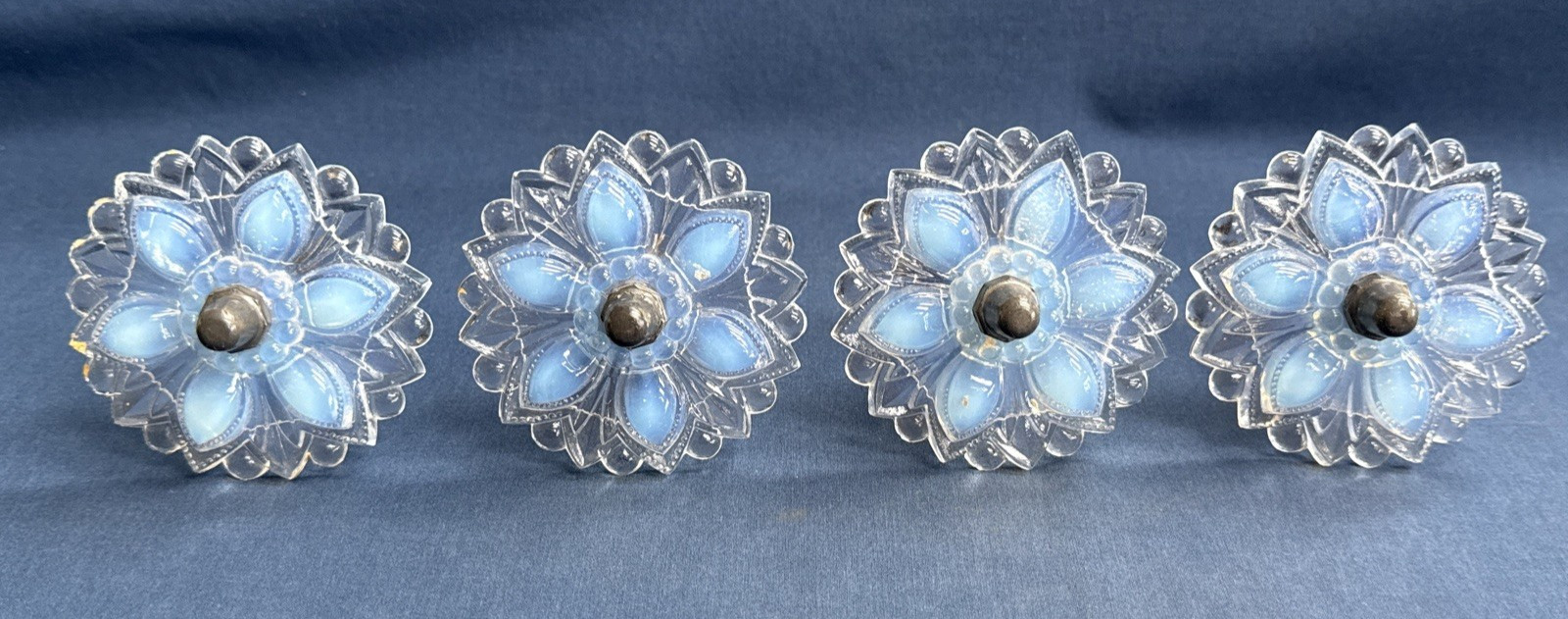 4 Antique Sandwich Glass Curtain Tiebacks Opalescent Flower including Hardware