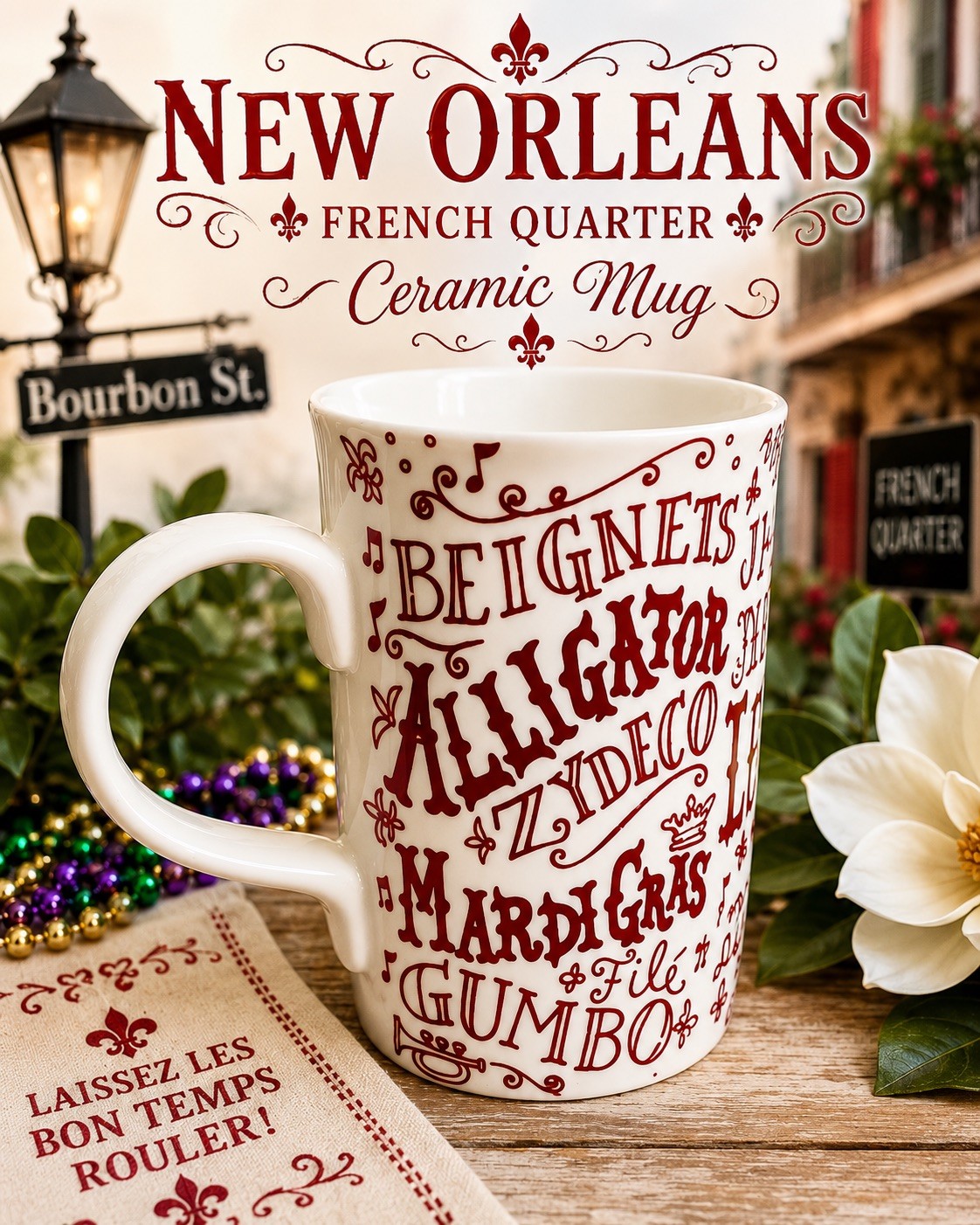 The Parish Line New Orleans Louisiana Coffee Latte Mug Beignets Mardi Gras Jazz