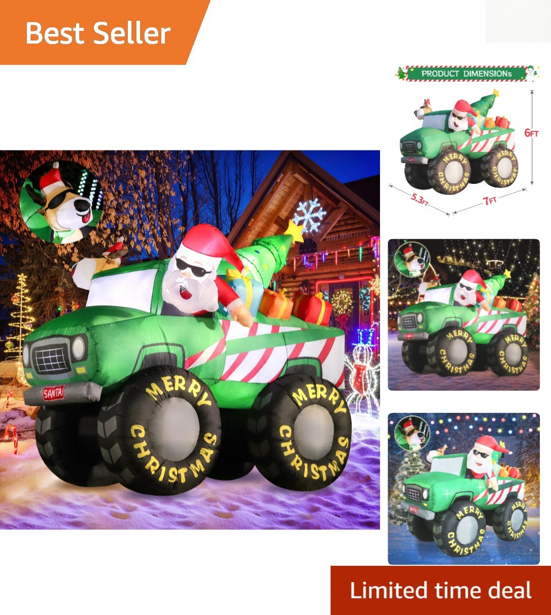 Giant 7FT Santa and Reindeer Monster Truck Inflatable - Perfect Holiday Decor Giant 7FT Santa and Reindeer Monster Truck Inflatable - Perfect Holiday Decor