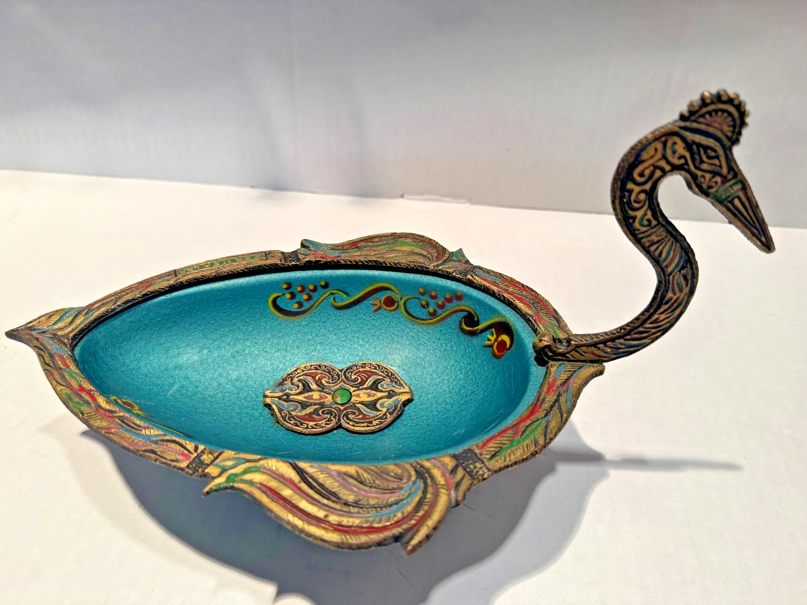 Vintage Jerusalem Israel Turquoise Enamel Metal Bird Handled Centerpiece Bowl Vintage Jerusalem Israel Turquoise Enamel Metal Bird Handled Centerpiece Bowl