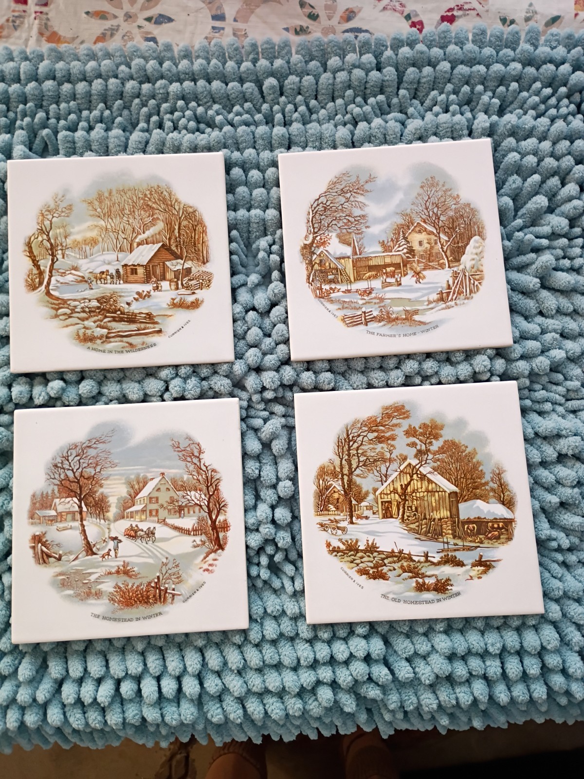 VTG Currier & Ives Winter Scene Ceramic Tile Set Of 4 Decorative Art Tiles 6\